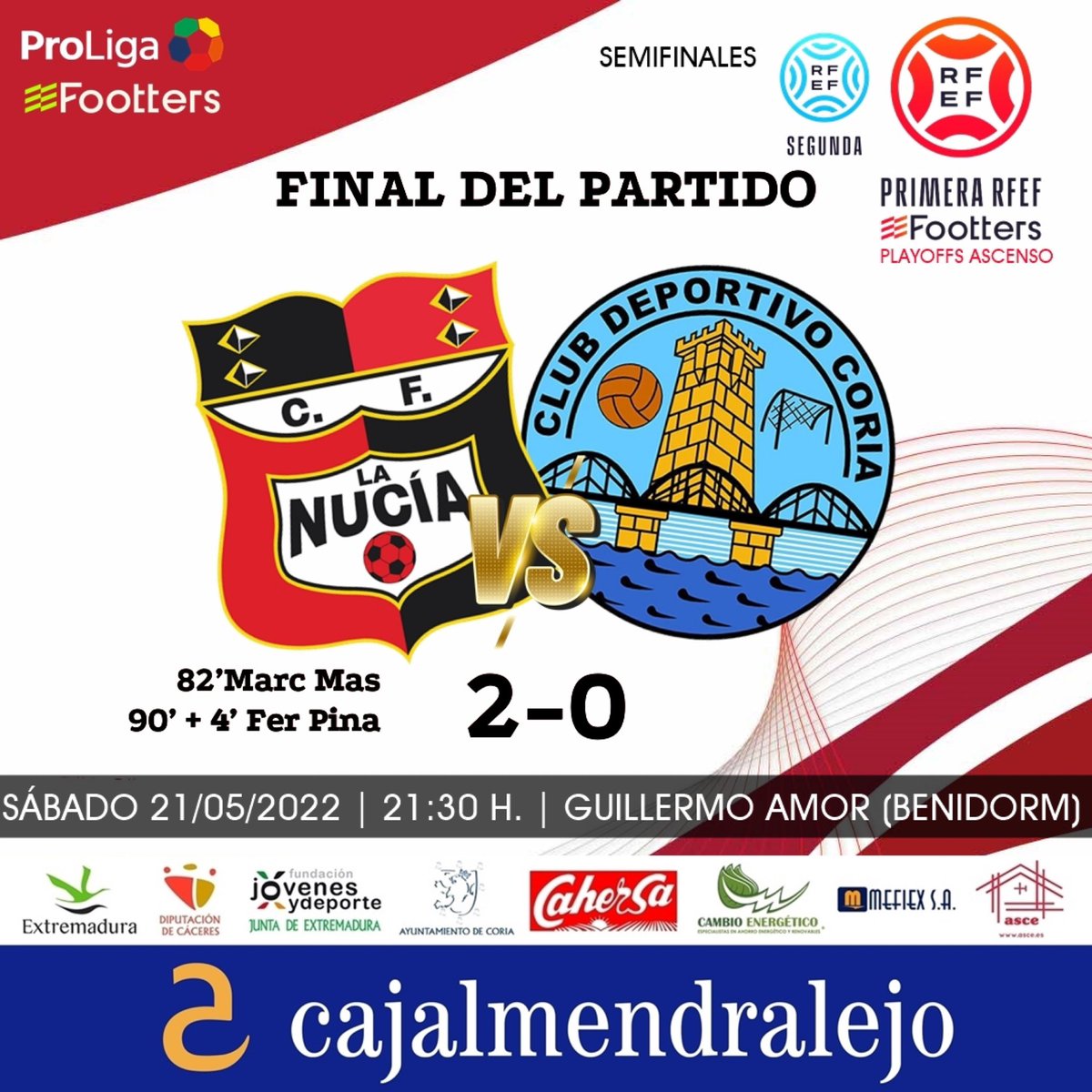 🔚 | FINAL DEL PARTIDO 

👉🏼 Cómo duele esta derrota tras hacer un partido tan serio. Tuvimos las más claras. Enhorabuena a LA NUCÍA, grandísimo rival.

❤️ <a href="/CFNucia/">CF La Nucía</a> 2-0 <a href="/CDCORIA/">Club Deportivo Coria</a> 💙
⚽️ Marc Mas (82’), Fer Piña (90’ + 4’) 
🔵 #AscensoAPrimeraRFEF

📲 #CFLaNucíaCDCoria