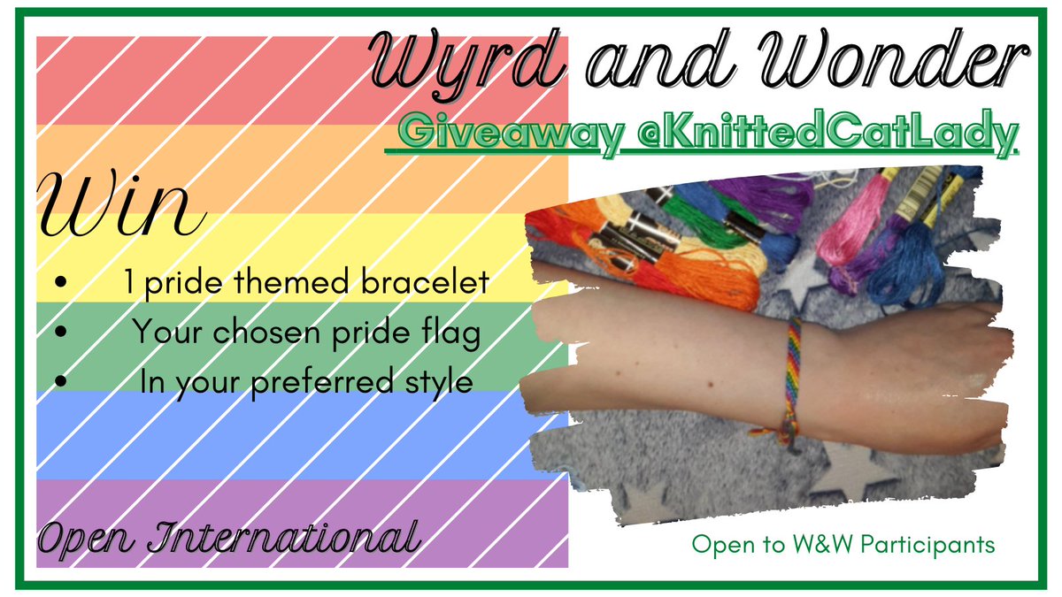 KnittedCatLady's tweet image. Following last week&apos;s #SatBookChat about @ecgarrison&apos;s novel #TransWitch and serial #BornThisFae, and ahead of #PrideMonth, I&apos;m offering pride-themed friendship bracelets to two winners from @wyrdandwonder (participants only).
To enter, please leave a comment here (or DM me).