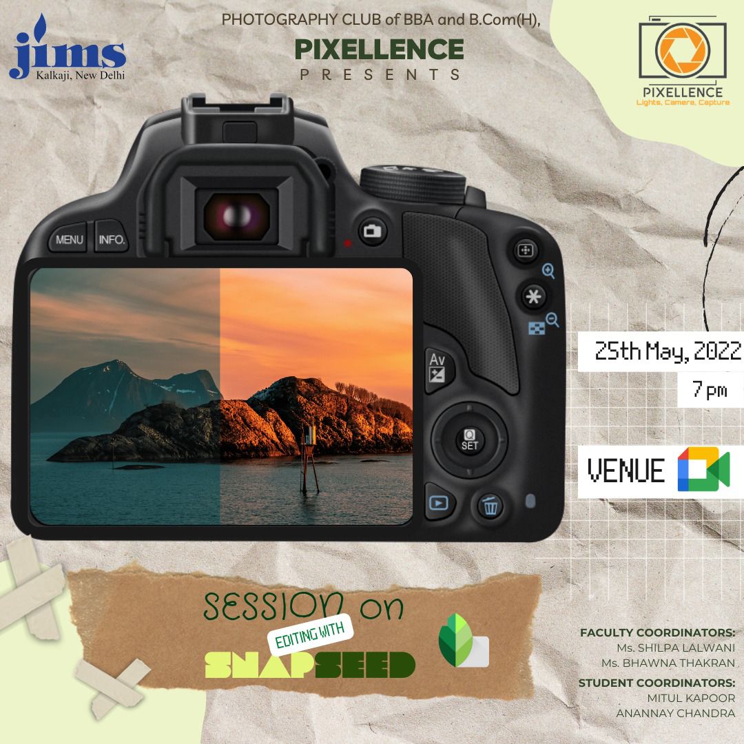 jimskalkaji's tweet photo. PIXELLENCE - the Photography Club of BBA & https://t.co/CX2OVqKSp4(H) Department, JIMS Kalkaji is coming up with yet another interesting session on "Editing with Snapseed" on 25th May, 2022 at 07:00 PM.
#jimskalkaji #ggsipu #PIXELLENCE #photography #editing #snapseed https://t.co/Ukq85hfyaa