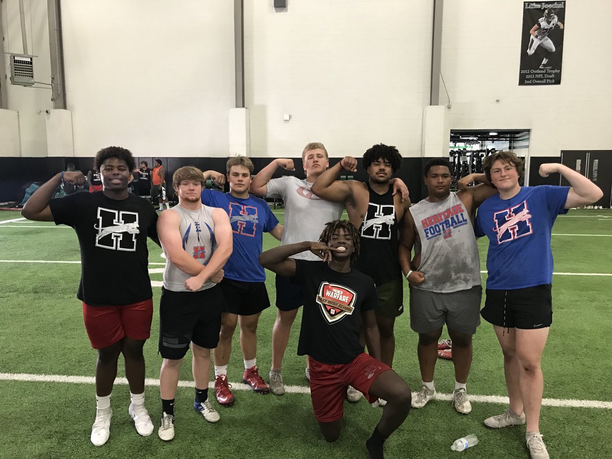 CoachCCarp's tweet photo. ⁦@HeritageFtball⁩ TrenchMen put on a show today at Arlington Lineman Challenge. Proud of each of these men and the hard work they’ve put in this off season #gains #benchrecord #tugwarriors #lotsapizza https://t.co/zQz19G2nha