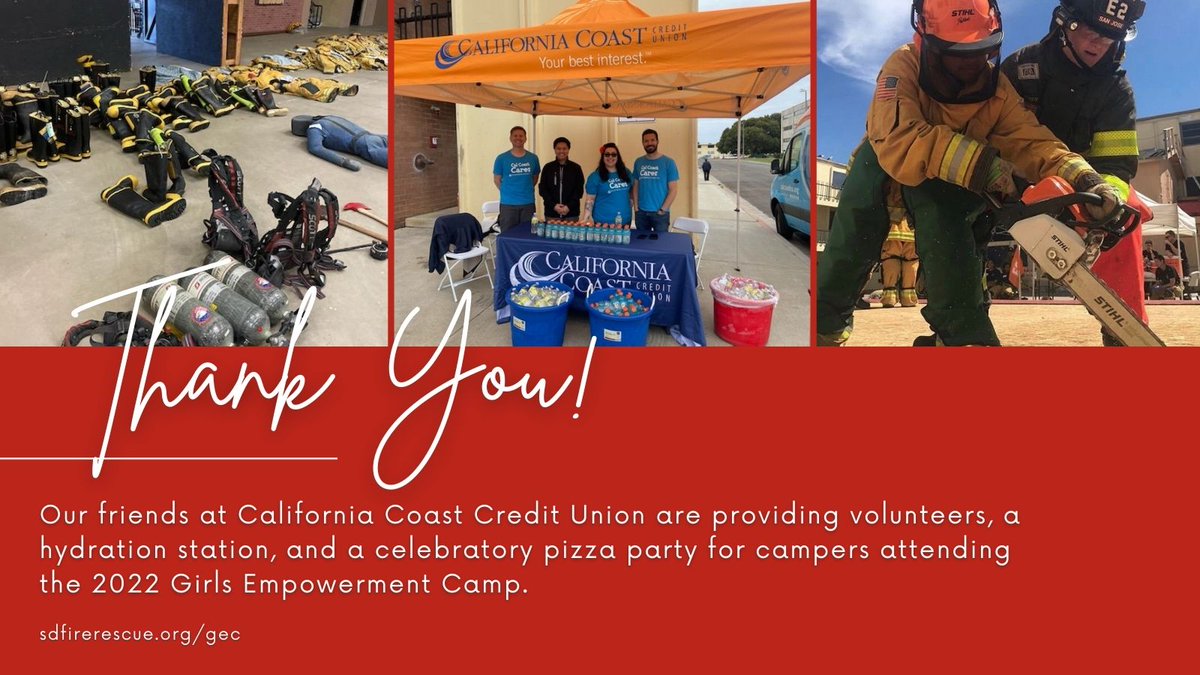 sdfirerescue's tweet photo. The 2022 @CampSdfd is underway! Thank you to our friends at @CalCoastCU for providing volunteers, a hydration station, and a celebratory pizza party for the campers and staff. #GEC is just one of the workforce development programs led by @SDFD.
#JoinSDFD #careers #firefighters https://t.co/CuK13w0EMc