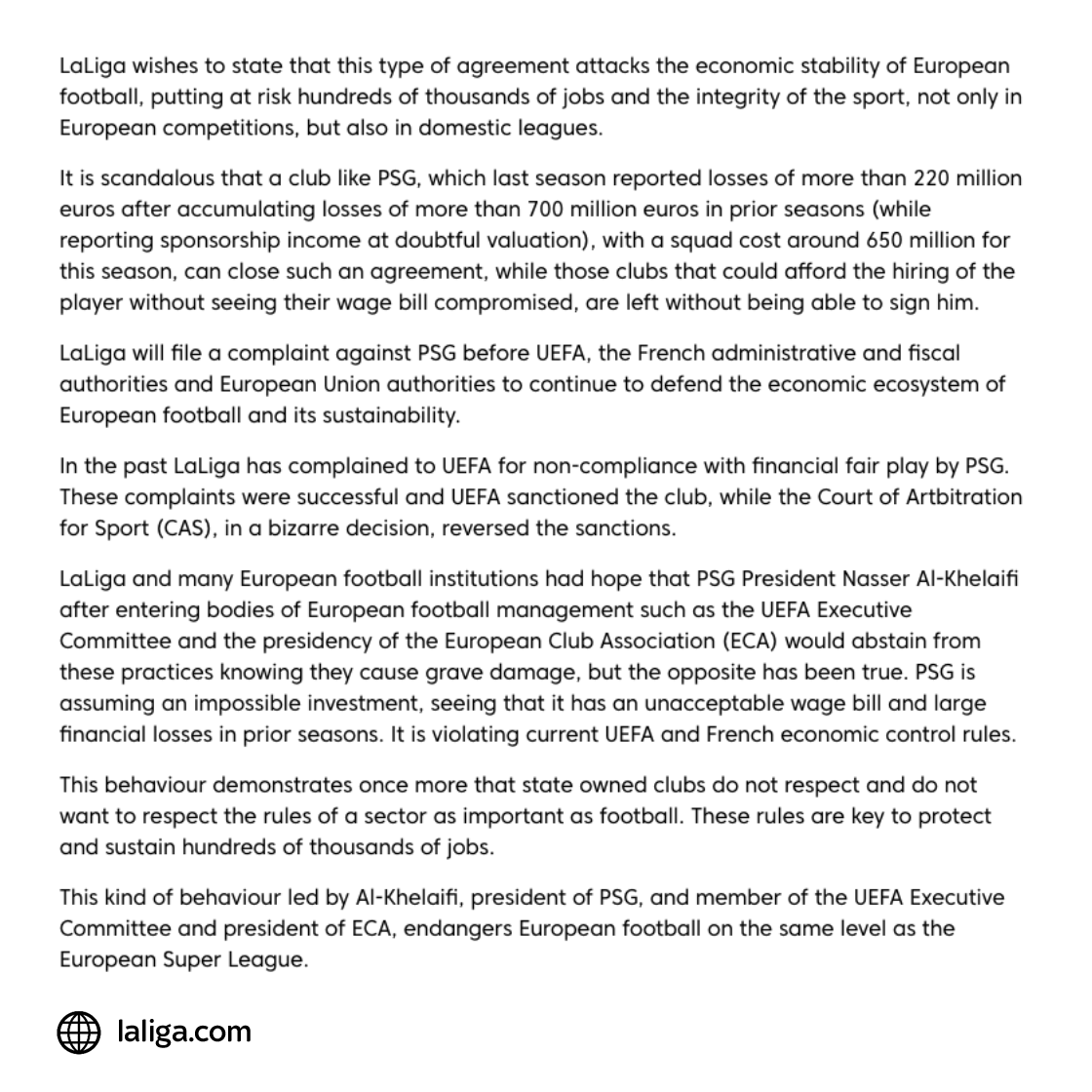 SkySportsNews's tweet image. BREAKING: LaLiga have released a statement announcing they will file a complaint against Paris Saint-Germain over Kylian Mbappe's new contract... 👀