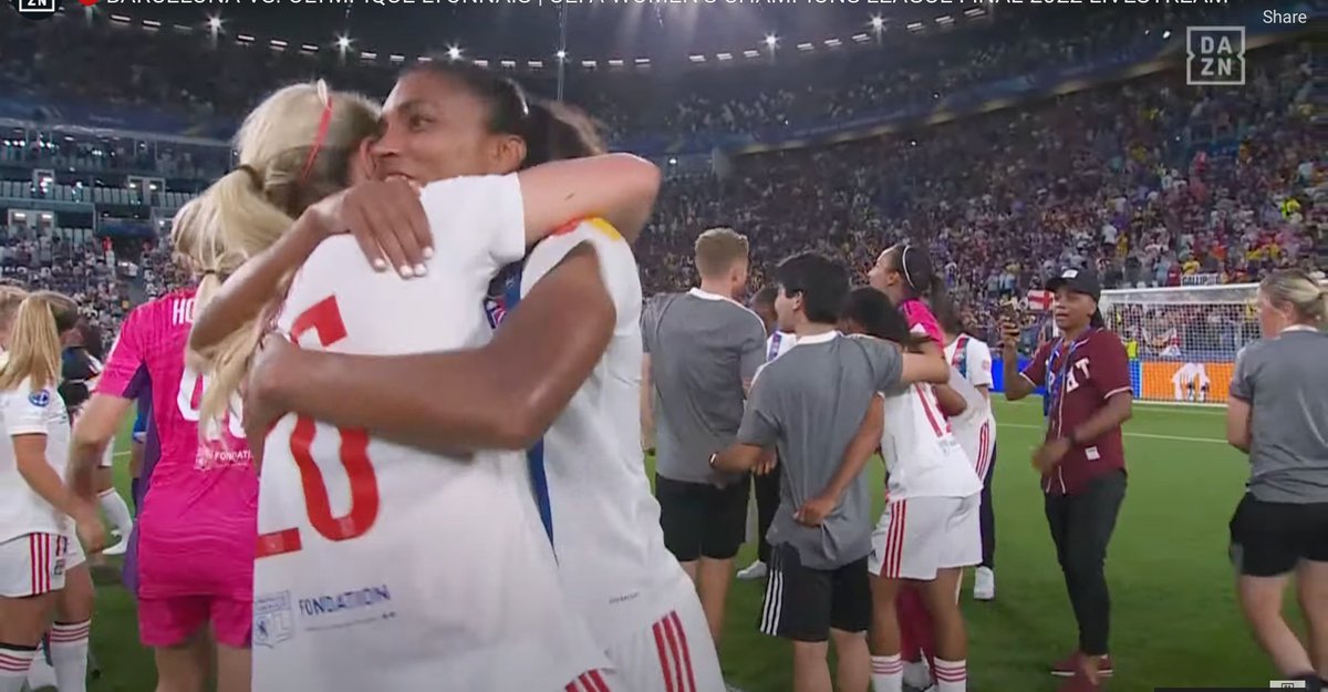 rogbennett's tweet photo. 2 US Stars Lindsey Horan and Catarina Macario dance with joy after helping Powerhouse Lyon defeat Favorite Barcelona in Champions League final. A magnificent game which showed just how fast Women's Football is booming around the world 🇺🇸🇫🇷🏆 https://t.co/x8aLuaHMPa