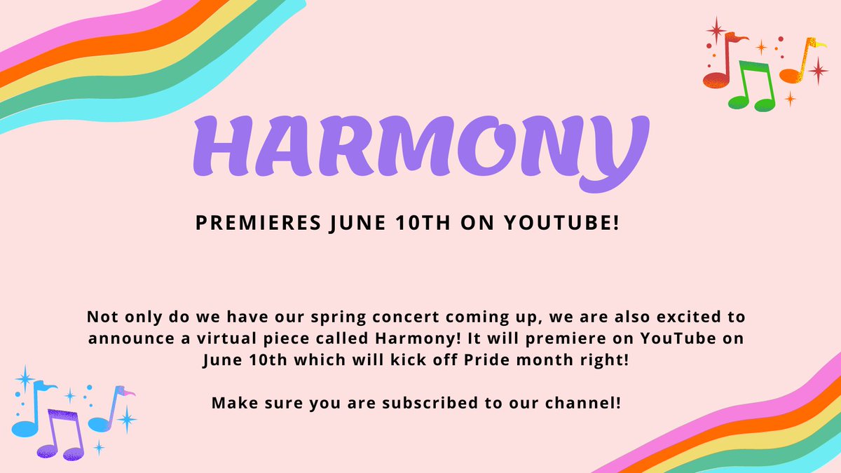 wcsla1's tweet photo. Not only do we have our spring #concert coming up, we are also excited to announce a virtual piece called Harmony! Premiering on YouTube on 6/10 which will kick off #Pride month right! Make sure you are subscribed to our channel! #wcsla #LGBTQplus #raisingawareness #2022pride https://t.co/6hdI62ZeXl