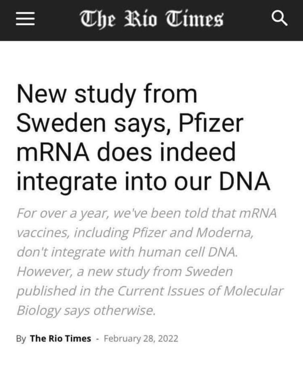 _Banyoe's tweet photo. @uusbustami @agus8876 @BuKasun_Ndeso Selama lebih dari setahun, kita telah diberitahu bahwa mRNA
vaksin, termasuk Pfizer dan Moderna tidak berintegrasi dengan DNA sel manusia. Namun, sebuah studi baru dari Swedia diterbitkan dalam Current Issues of Molecular
Biologi berkata sebaliknya! atau cek di #pfizerdocument https://t.co/gk04Igtbob