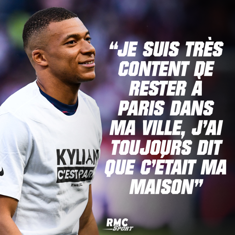 RMCsport's tweet photo. 🔴🔵 Kylian Mbappé sur le terrain du Parc des Princes : "Je suis très content de rester à Paris dans ma ville, j'ai toujours dit que c'était ma maison. Je veux continuer à gagner des trophées, avec vous tous."