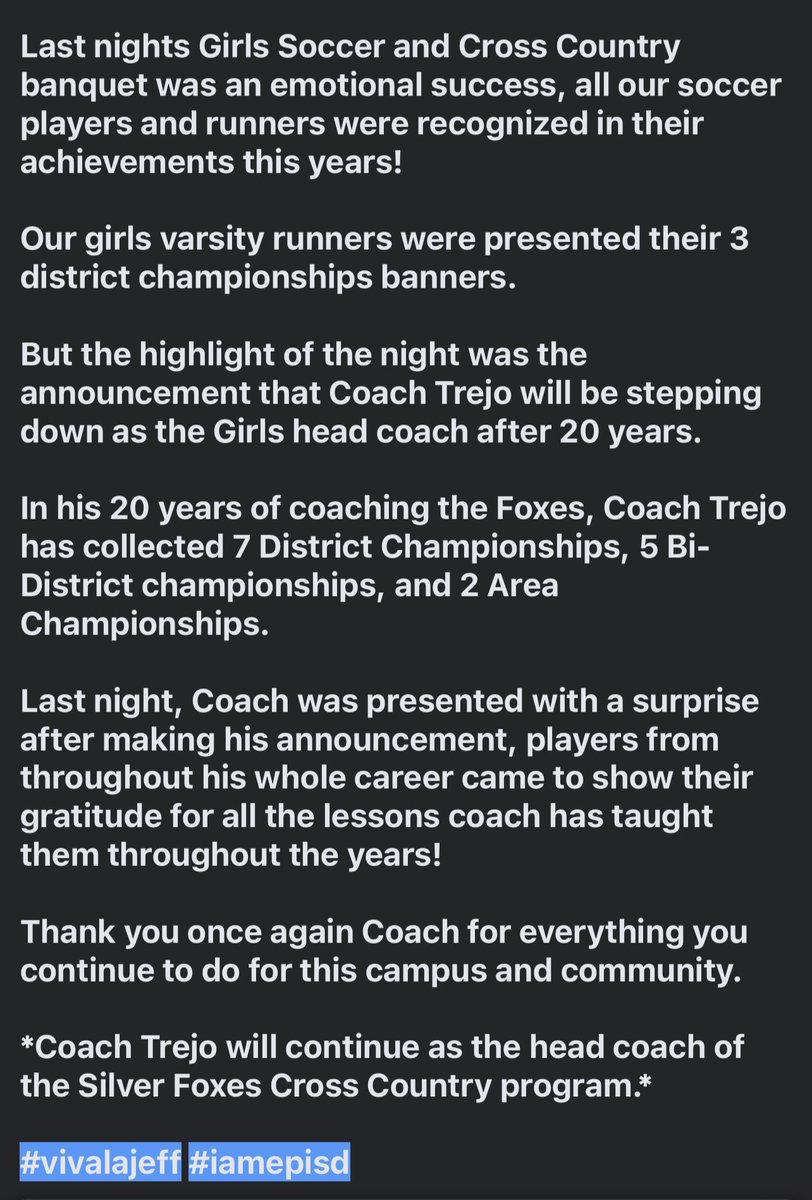viva_lajeff's tweet photo. Last nights Girls Soccer and Cross Country banquet was an emotional success, all our soccer players and runners were recognized in their achievements this years!

Thank you Coach Trejo for your continuous hard word and dedication to our campus!

#vivalajeff #iamepisd https://t.co/3wL3yPZfNa