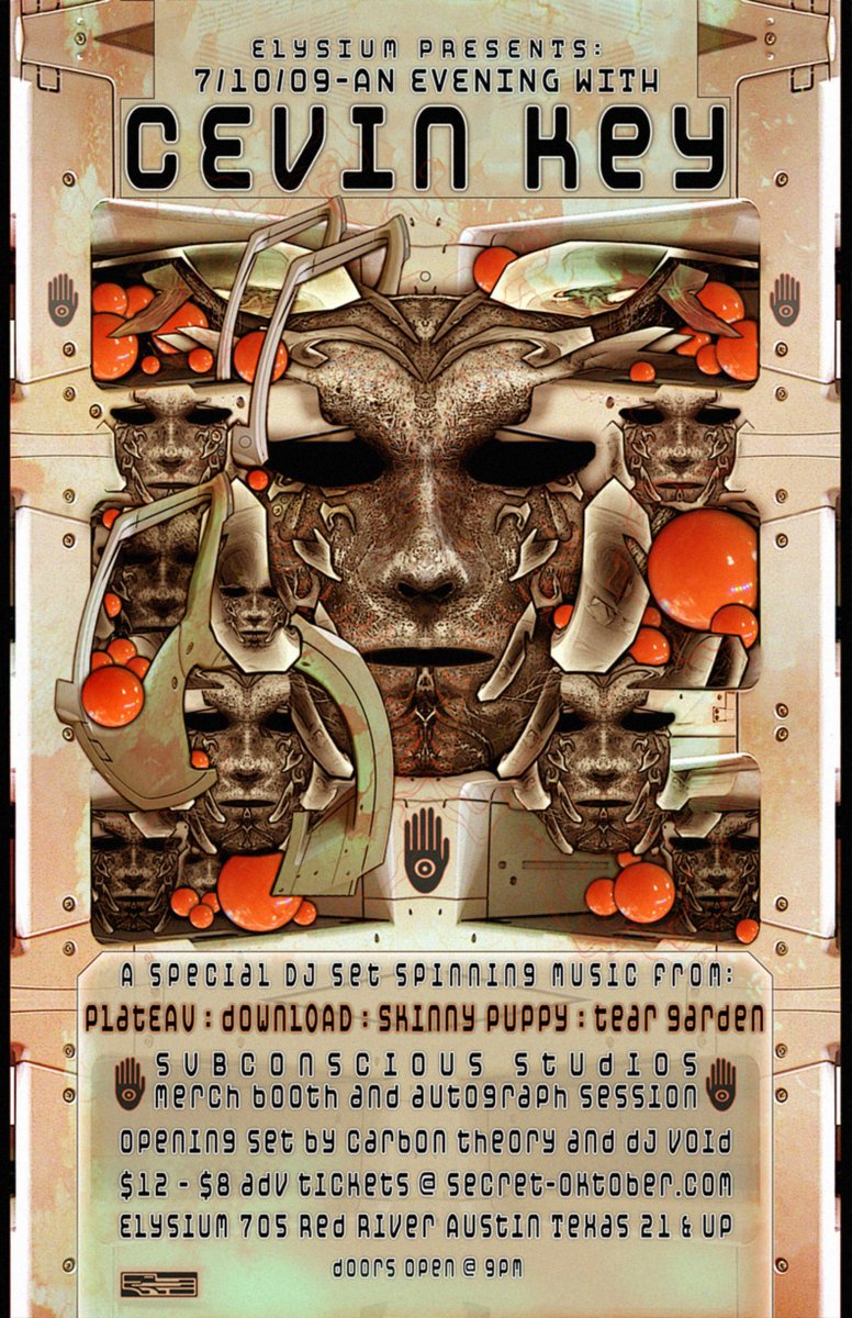 OFF_WORLD_SOUND's tweet photo. First in a small series of original art show posters created for life long influence & sonic hero, Cevin Key
@cEvinKey in Austin, Tx in 2009, leading up to the awesome Download reunion with Mark Spybey & Phil Western.
#cevinkey #skinnypuppy #elysiumaustin #subcon #showposters https://t.co/VPFyivIRfO