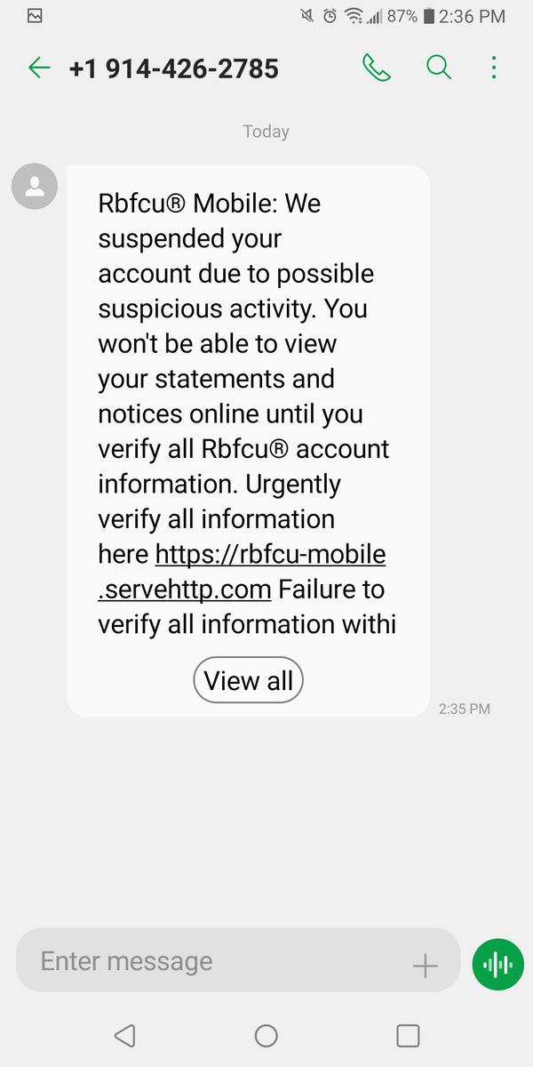 BertSquadSAnton's tweet photo. @rbfcu i dont have #rbfcu #scam Banks dont make contact and if they do they dont give a fake weblink.  They will ask you to log into your account.  #Phish #phishing #FailPhish https://t.co/I2KIGtNxDO