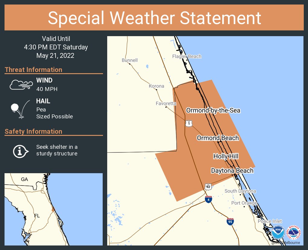 NWSMelbourne's tweet photo. A special weather statement has been issued for Daytona Beach FL, Ormond Beach FL and  Holly Hill FL until 4:30 PM EDT https://t.co/HT4P6x1KT5