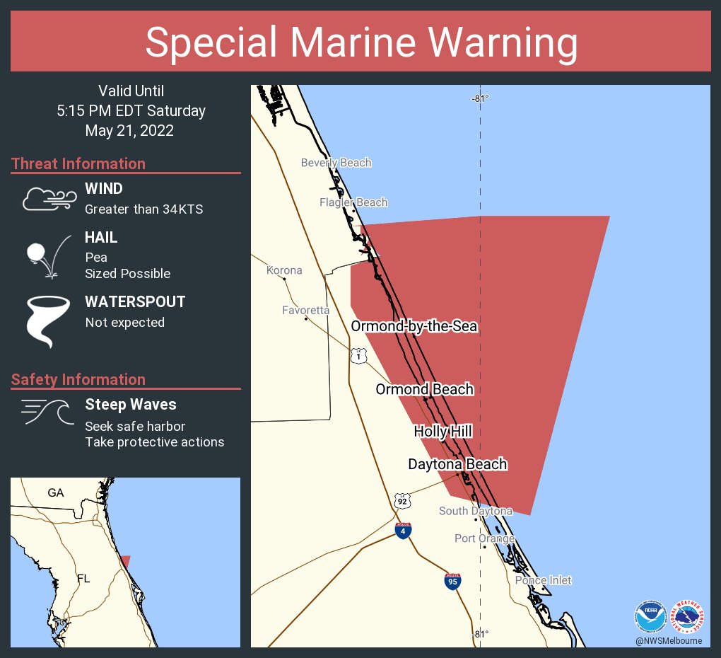 NWSMelbourne's tweet photo. Special Marine Warning including the Flagler Beach to Volusia-Brevard County Line 0-20 nm until 5:15 PM EDT https://t.co/d80UdbpBGK