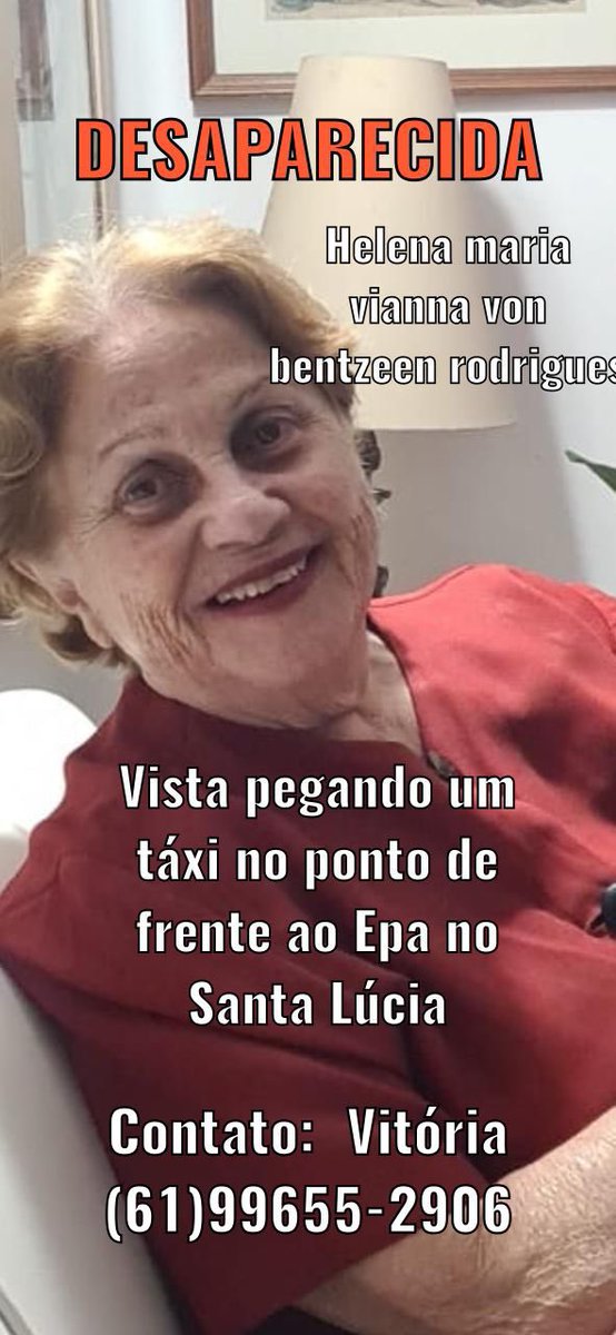 vitoriavonb's tweet photo. Minha vó tem Alzheimer’s e saiu hoje sozinha. Ela foi vista pegando um táxi na frente do epa no Santa Lúcia. Parece que o nome do motorista é Geraldinho mas não conseguimos o contato dele. Nome dela é Maria Helena. Qualquer informação contato na foto. Quem puder dar rt pra ajudar https://t.co/OM3FV4QQcu