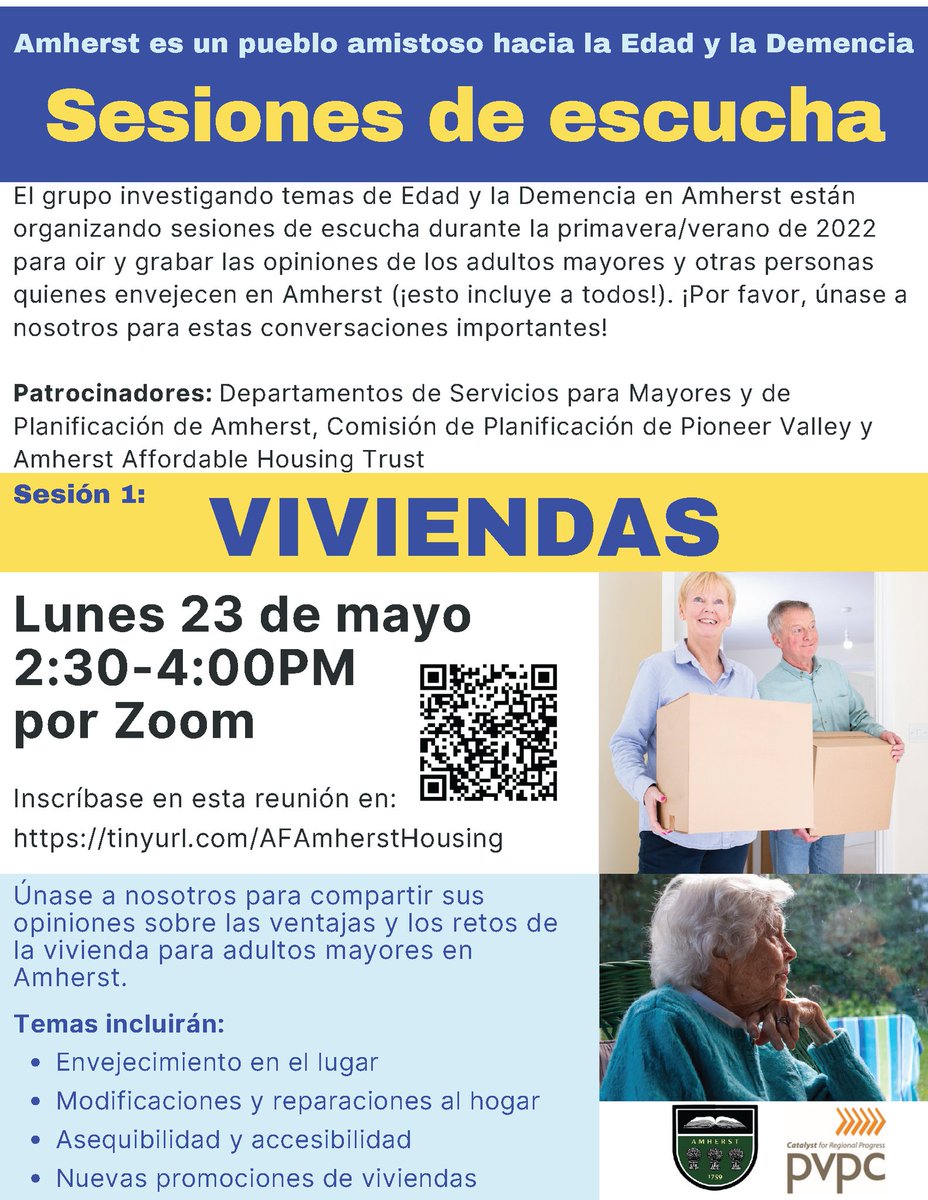This Monday, May 23, 2:30pm-4pm: a virtual listening session on HOUSING! 

Brought to you by: <a href="/TownOfAmherst/">Town of Amherst, MA</a>  Senior Center, Town of Amherst, MA, <a href="/PVPlanning/">PVPC</a> and the Amherst Affordable Housing Trust.

Please share with those who may be interested.