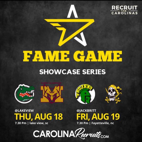 Okay y’all, it’s official 😎 Our first #FameGame series will feature 2 season openers! More details to come on our coverage for the upcoming season, so stay tuned. For now, y’all get prepared to show out for Game 1 😈 <a href="/BrittFootball/">Jack Britt Football</a> <a href="/PfhsTrojans/">PFHS Trojans Football</a> <a href="/DawkinsShaheed/">Shaheed “heed ⭐️” Dawkins</a> <a href="/TyshawnSander10/">Ty Sanders</a>