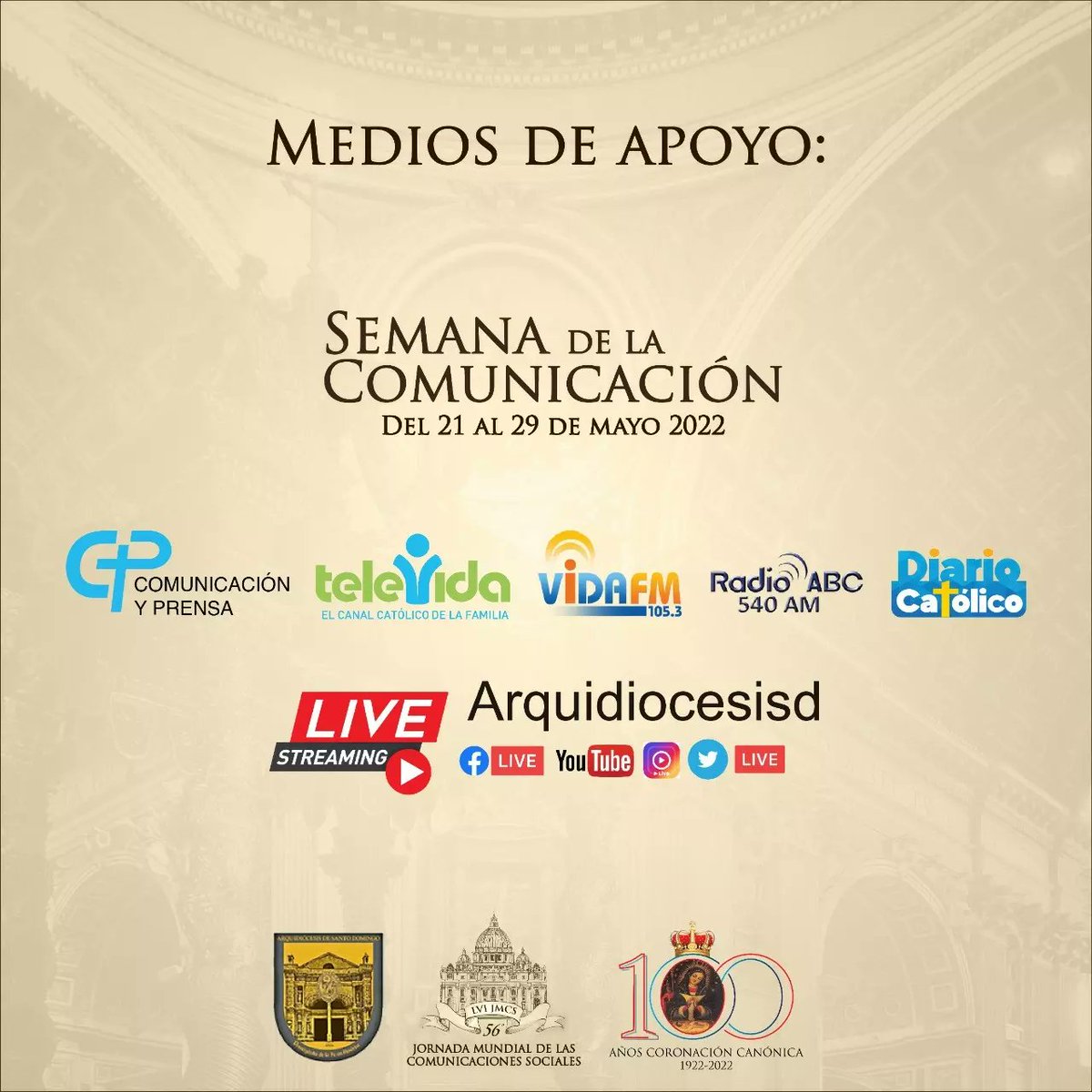 Arquidiocesisd's tweet photo. Invitada especial #SemanadelaComunicación
Dra Miriam Diez Bosch @miriamdiezbosch
Transmisión #MultimediosVida @televida
@radioabc540am
@vida1053
@diariocatolicord
#JornadaMundial
#ComunicacionesSociales
#56JMCS
#100AñosdeCoronación
#AñoJubilarAltagraciano
#Arquidiocesisd https://t.co/UcA6ScJQUN