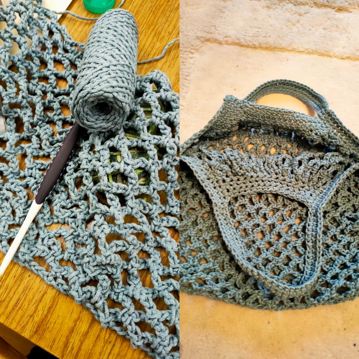 Generous sized mesh shopping bag using recycled fibres. The ball band has seed in it. Wet, germinate, plant. Yeah #ecoyarns #recylcledyarns #seedsinpaper #bintheplasticbags