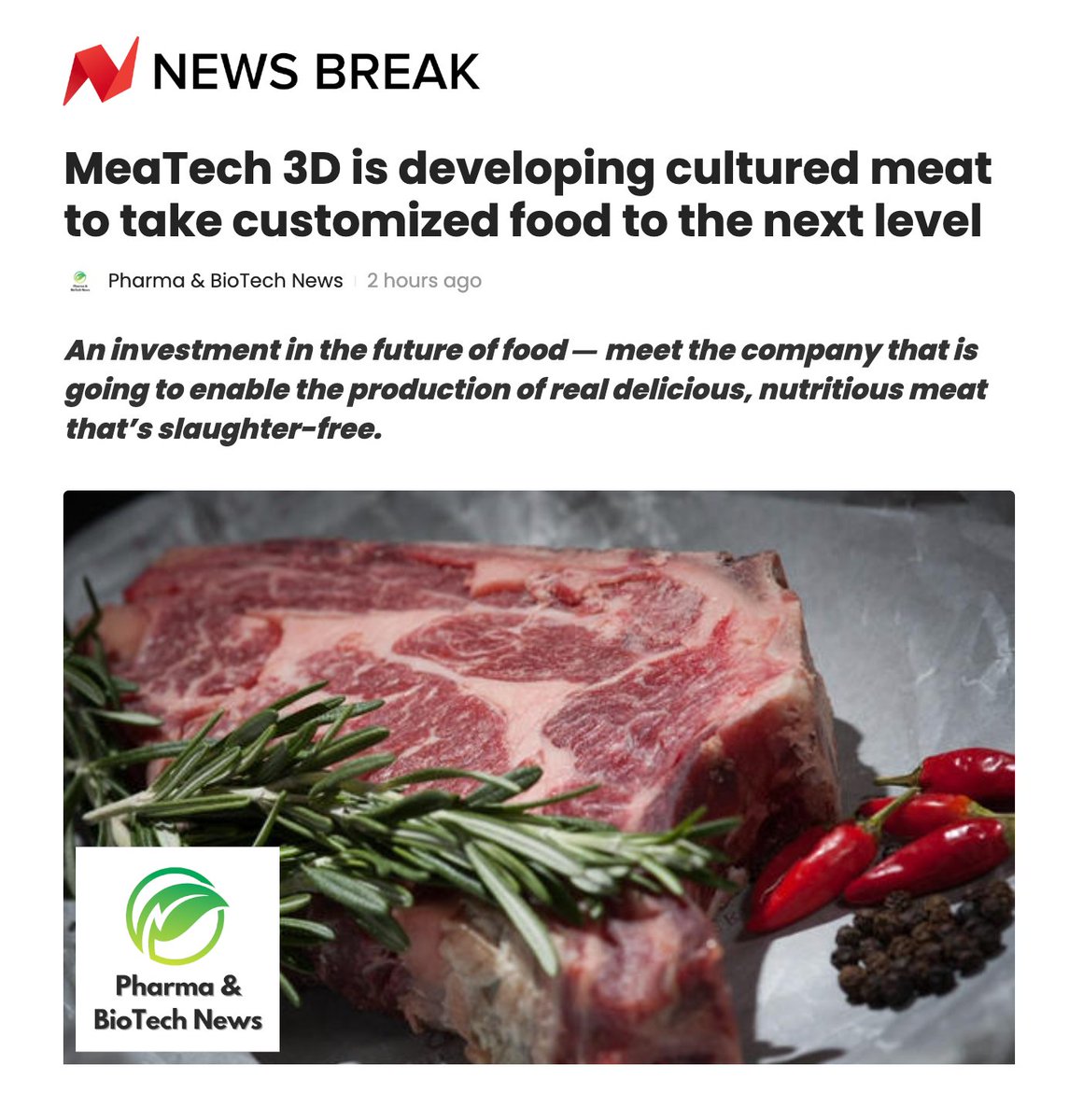 PesgResearch's tweet photo. Great coverage of advancements in #CulturedMeat on @newsbreakApp, featuring @MeaTech3D who are becoming an industry leader and enabling a future of real delicious and nutritious meat that is also #slaughterfree free. $MITC.
https://t.co/TTL4x8OX2V https://t.co/cz1O0NOYHh