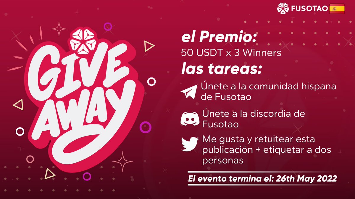 juanberbesi25's tweet photo. Alerta de Sorteo! 50$ a repartir en 3 ganadores! Tareas 👇
1️⃣ Unirte al TG de Fusotao en español: https://t.co/eTYYZt0L4t 
2️⃣ Unirte al Discord de Fusotao: https://t.co/h3uqIo8T6u
3️⃣ RT + MG❤️+ Etiquetar 2 amigos.
4️⃣ Seguirme en Twitter.

Ganador Nº 1 = 20$
Nº 2 = 15$
Nº 3 = 15$ https://t.co/FfkMPtPPK2