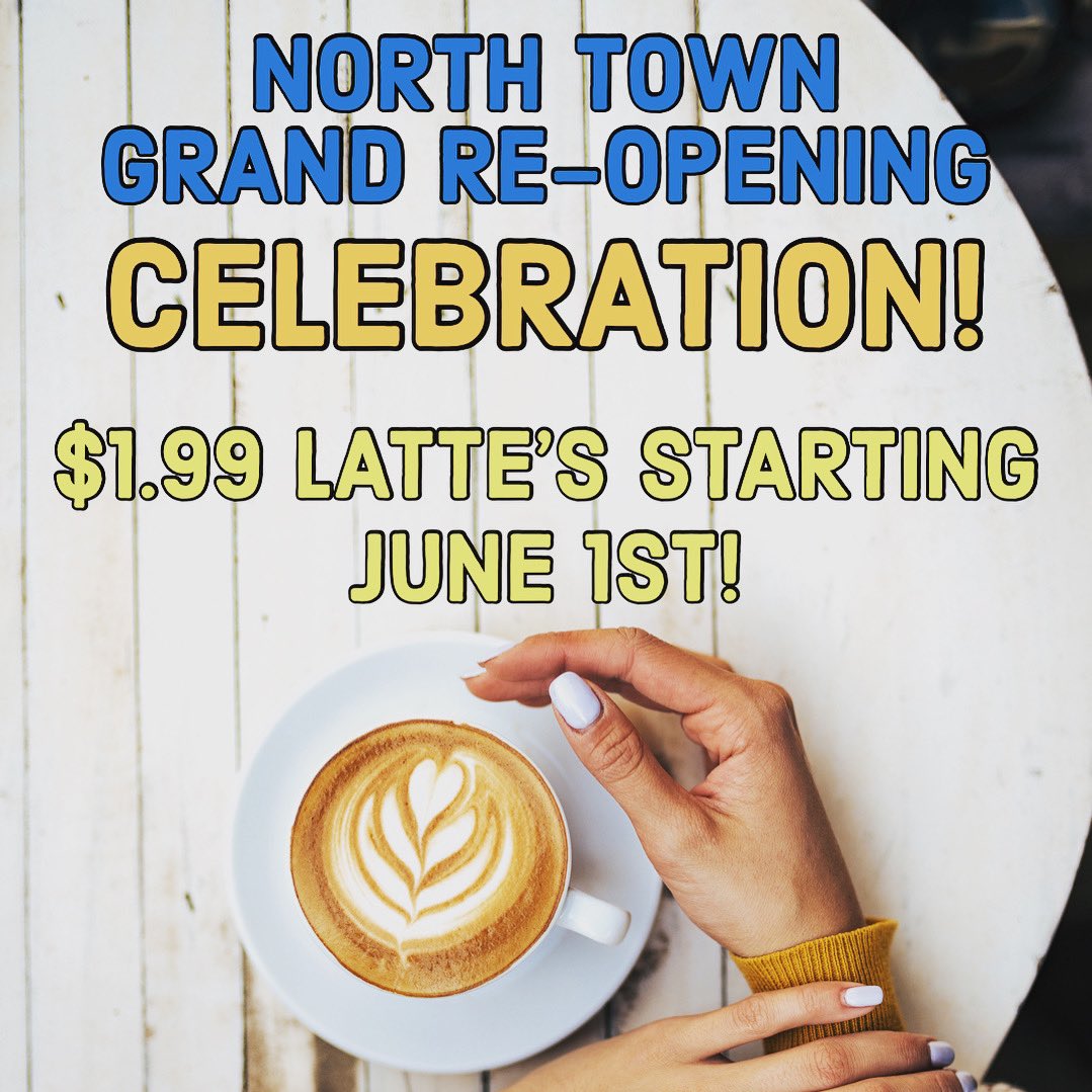 northtowncoffee's tweet photo. We're celebrating our grand re-opening soon! Enjoy 12oz Latte's for $1.99 the entire month of June! We're also introducing later weekend hours, Sunday open mic night, the grand opening of The Card Vault and more! 

#latte #openmicnight #yakima #coffeeshop https://t.co/k5EGJTTsVT