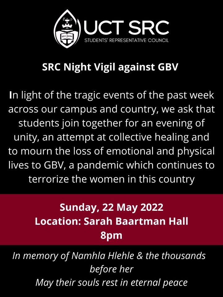 UCT_SRC's tweet photo. Our country and continent is plagued with many persisting and insidious issues. Racism and GBV are evident examples of the ever persisting pandemics that exist, which we intend to unapologetically fight to eliminate. For our women, country and continent. https://t.co/4flyH2cdhO