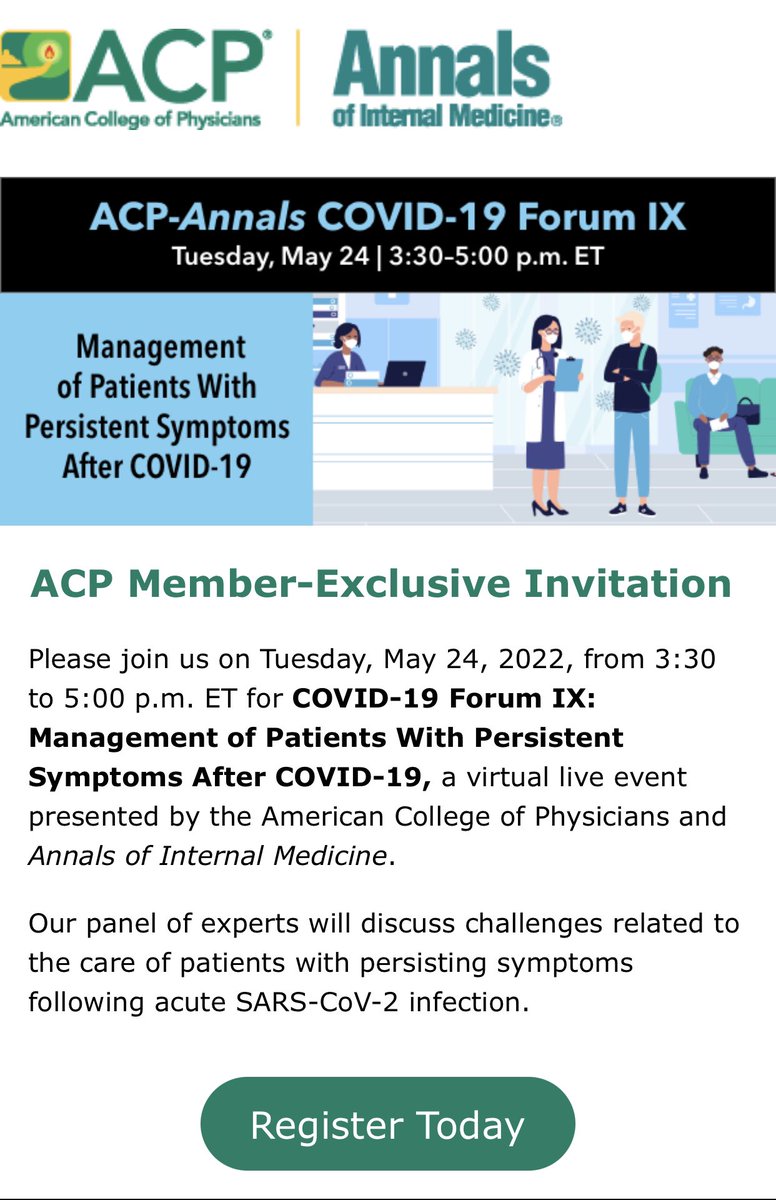 DrElisaChoi's tweet photo. .@ACPinternists @AnnalsofIM #COVID19 Forum 5/24/22 3:30pm-5pm EST “Management of Patients with Persistent Symptoms After COVID-19”Register- https://t.co/IGMVWQ7Hvy #IMProud @drjanetj @RyanMire1 @sue_bornstein #Twitternists #IDTwitter #IMProud @CarlosdelRio7 https://t.co/ahWq7X01DQ