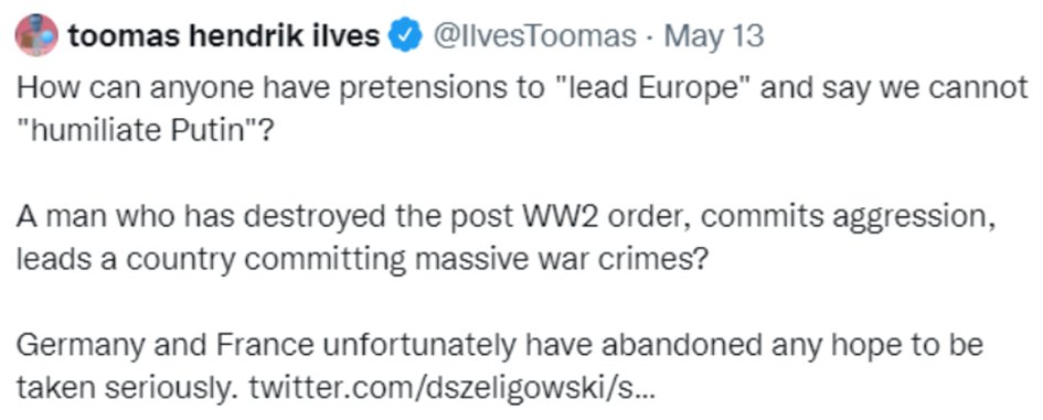 Some higher ranked international individuals start to express frustration about Scholz, whereas French Macron is, as well, is also on the line of "saving Putin's face".Here is the former Estonian president's perspective on the matter.