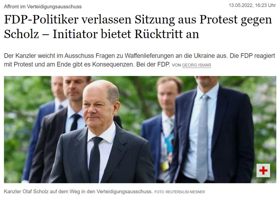 Scholz offered to explain his course. Some members of the coalition partner FDP leave the meeting early in rage.A young FDP politician says Scholz didn't answer any questions.Half a day later senior FDP members say it was all blown up by the media (it actually wasn't).