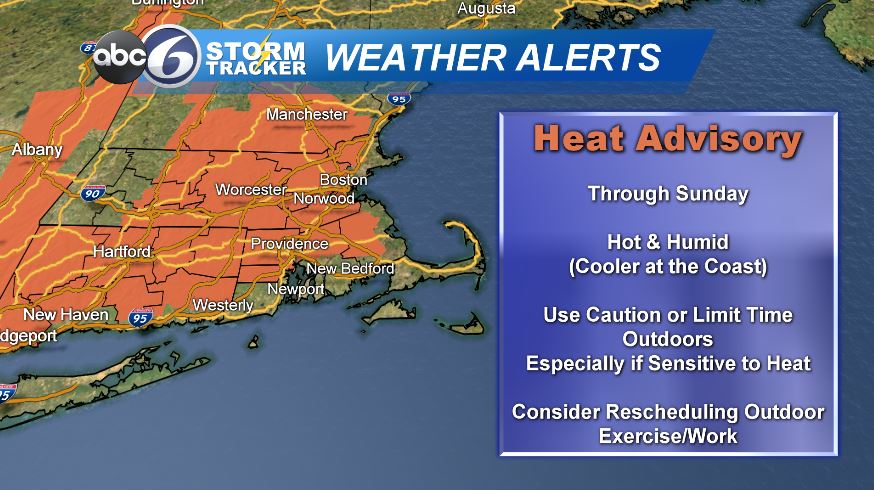 A Heat Advisory remains in place through Sunday for areas away from the coast because of the combination of heat and humidity. Near the water, temperatures will be significantly cooler again Sunday. Relief for everyone begins Monday.