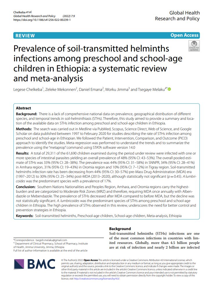 Prevalence of soil-transmitted helminths infections among preschool and school-age children in Ethiopia: a systematic review and meta-analysis. Read more @ rdcu.be/cN31p