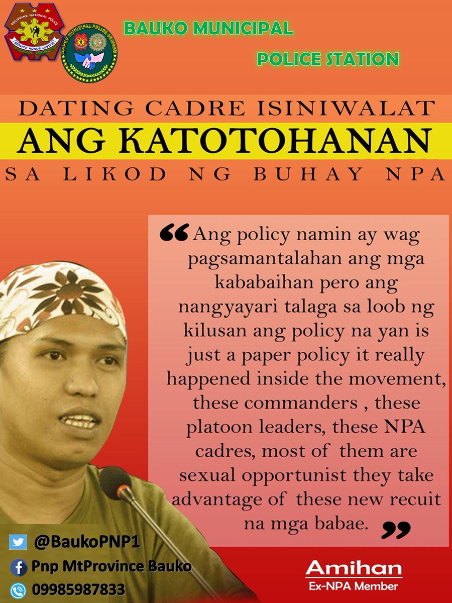 PNPBauko1's tweet photo. Mga Babaeng narekrut
upang maging NPA 
ginagawang SEX SLAVE
#StopYouthExploitations
#FakeRevolutionPureDeception
#EndLocalCommunistARMConflict
#SupportELCAC
#PulisAtKomunidad https://t.co/UqQMPIrZAx
