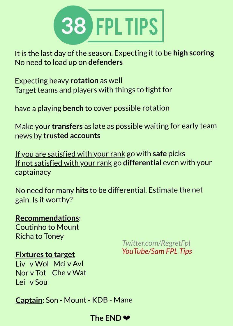 RegretFpl's tweet photo. 🚨 𝗧𝗜𝗣𝗦 𝗙𝗢𝗥 #𝗚𝗪38 🚨

• Supported by the guys at @_fpltips_

They send a free five minute newsletter with all the need-to-know news and tips every week 👊

I'm contributing my thoughts to this week's issue 👉 https://t.co/z8ZYPVqmaf

#FPL #FPLCommunity https://t.co/GxhqlOIKaL