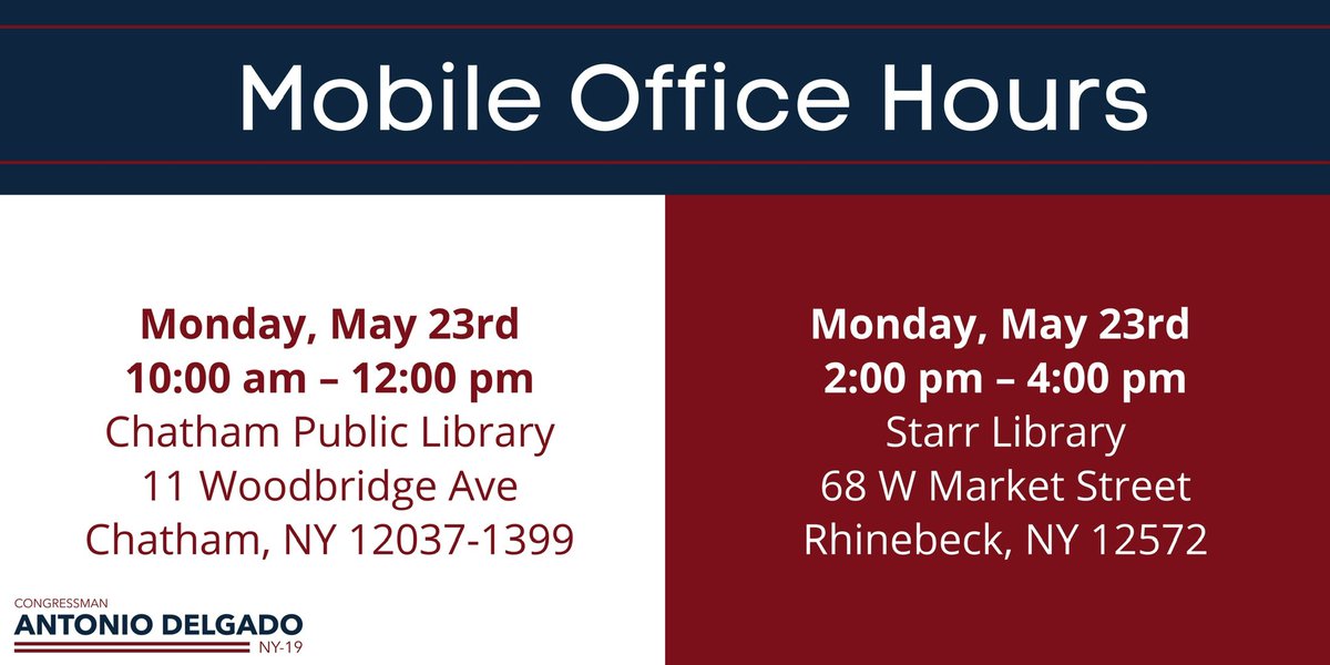 On Monday, members of my staff will be at two stops in #NY19 for mobile office hours. They can help you with issues tied up in federal agencies, provide information about grant opportunities, and more. Hope you stop by.