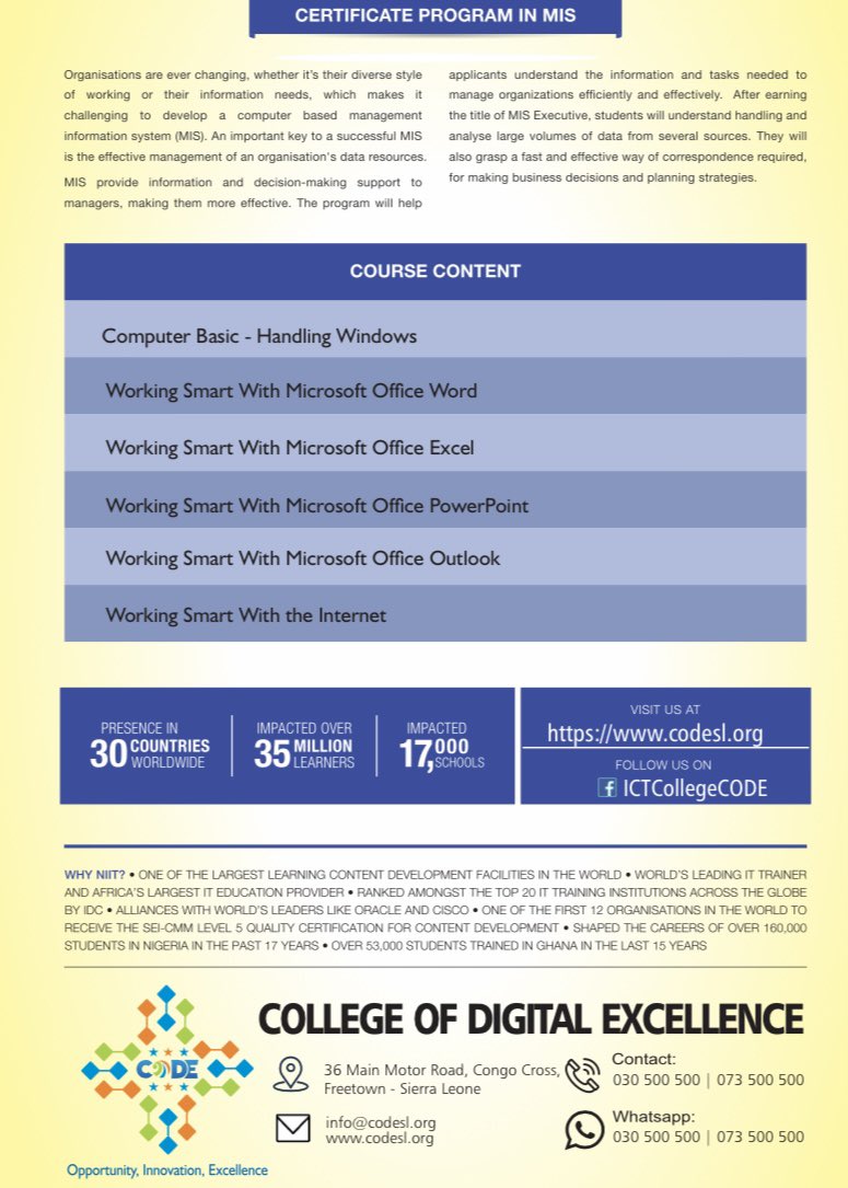 codesl_it's tweet image. Gain new knowledge and up skill your Microsoft office at College of Digital Excellence! 

To apply or learn more about these courses, contact us on +23273500600

#CodeSL #sierraleone #freetown #tech #microsoft #college