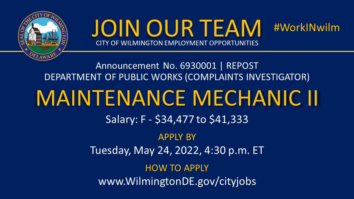 cityofwilmde's tweet photo. 📣 #NOWHIRING: Maintenance Mechanic II (Complaints Investigator)
This position will remain open until Tuesday, May 24, 2022. Apply online today!
#WilmDE #netDE #WorkInWilm #JobsDE #WorkDE
Apply here ➡️ https://t.co/LJpNkp4aTs https://t.co/dOiUE6z1Zn