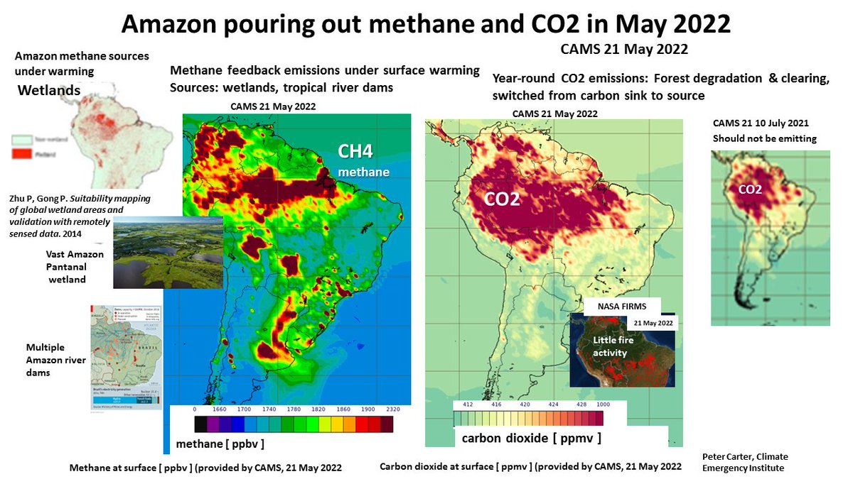 METHANE &amp; CO2 POURING FROM AMAZON IN MAY 
Copernicus satellite monitoring 
Methane wetland feedback emissions and methane from river dams. CO2 from forest degradation and clearing, Amazon switched from CO2 sink to source. #climate #methane #Amazon
