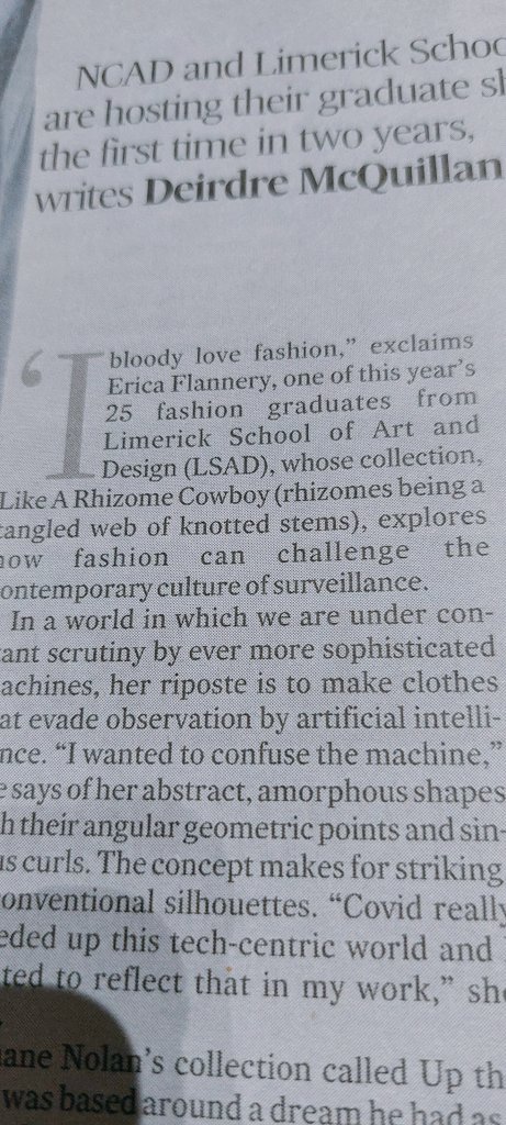 MikeFitzpatric4's tweet photo. "I bloody love fashion" exclaims Erica Flannery one of 25 fashion graduates from Limerick School of Art and Design' begins @DeeMcQuillan's article in @IrishTimes magazine on Fashion Futures on LSAD and NCAD Grad Shows post pandemic @LSADatTUS visit LSAD  btn 4th-12th June https://t.co/ZRTyEXVCSl