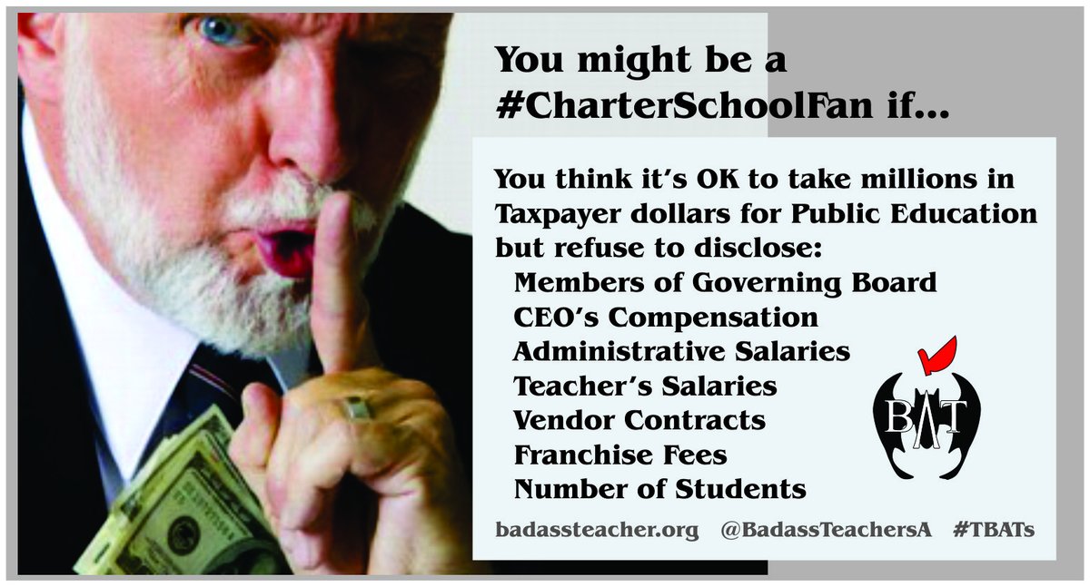 MassBats (@massbats) on Twitter photo Charter Schools need to have the same transparency rules as regular public schools. They shouldn't be able to call themselves a "school" when they take the money, but call themselves a "business" when they hide it. #TBATs <a href="/VermontBATs/">VermontBATs</a> <a href="/NHampshireBATs/">New Hampshire BATs</a> <a href="/MaineBATs/">Maine BATs</a> <a href="/ctbadassteacher/">ctbadassteachers</a> Charter Schools need to have the same transparency rules as regular public schools. They shouldn't be able to call themselves a "school" when they take the money, but call themselves a "business" when they hide it. #TBATs <a href="/VermontBATs/">VermontBATs</a> <a href="/NHampshireBATs/">New Hampshire BATs</a> <a href="/MaineBATs/">Maine BATs</a> <a href="/ctbadassteacher/">ctbadassteachers</a>