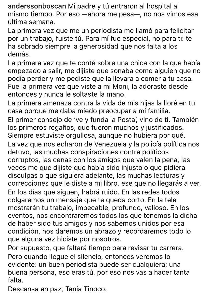 La periodista nos va a hacer falta. 
La amiga, mucho más. 
Descansa, Tania Tinoco.