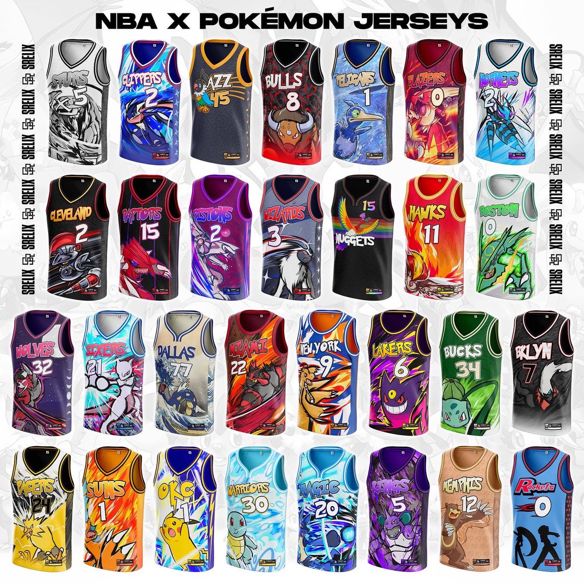 srelixjerseys's tweet image. Spent the last 2 months designing #Pokemon jerseys for every #NBA team. Let me know which one is your favorite! Check out the full collection on my Instagram: @srelix :)