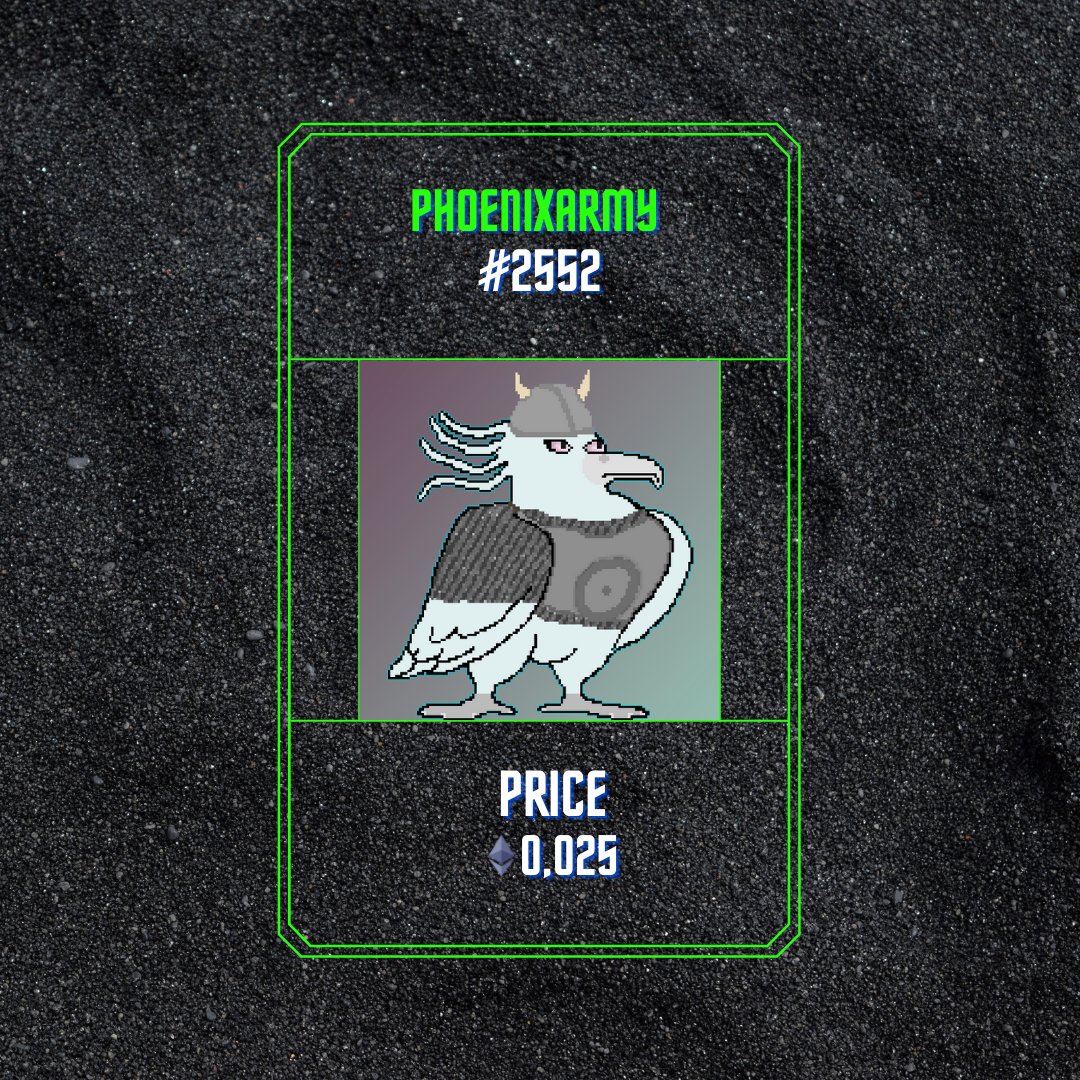 PhoenixArmy #2552!!!
Available on Opensea Now!!!

Check link in bio!
linktr.ee/pheonixarmy

Search PhoenixArmy on Opensea to view collection and join the Army!