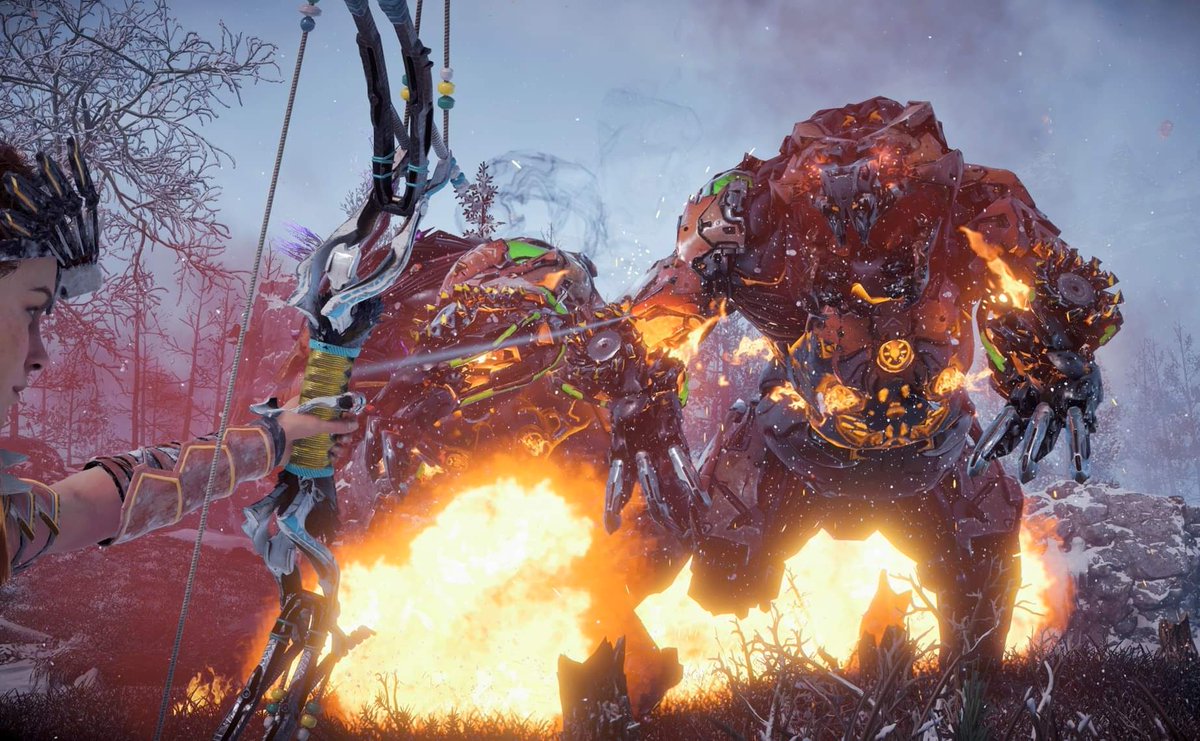 CosmicClaireA's tweet photo. I think this is my most hated machine in #HorizonZeroDawn #frozenwilds. The #fireclaw. I find them so hard to deal with.
Heavily armoured, very strong, and can make the ground beneath you burst with molten lava & fire!
#HZD #hzdphoto #BeyondTheHorizon #VirtualPhotography https://t.co/eVROBXECfD