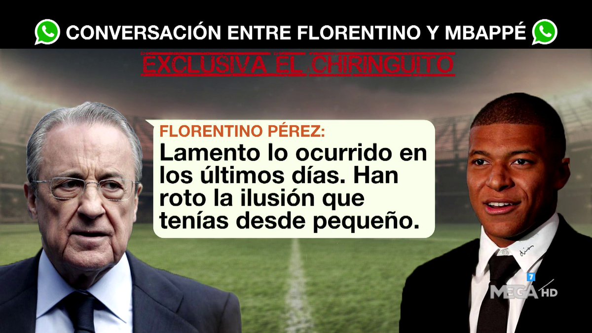 elchiringuitotv's tweet photo. 🚨EXCLUSIVA @jpedrerol 🚨

👉"LAMENTO lo OCURRIDO en los últimos días".

😳"Han ROTO la ILUSIÓN que tenías de PEQUEÑO"😳

📲El MENSAJE de FLORENTINO a MBAPPÉ tras comunicarle su renovación📲 https://t.co/2wHs2vsLG1