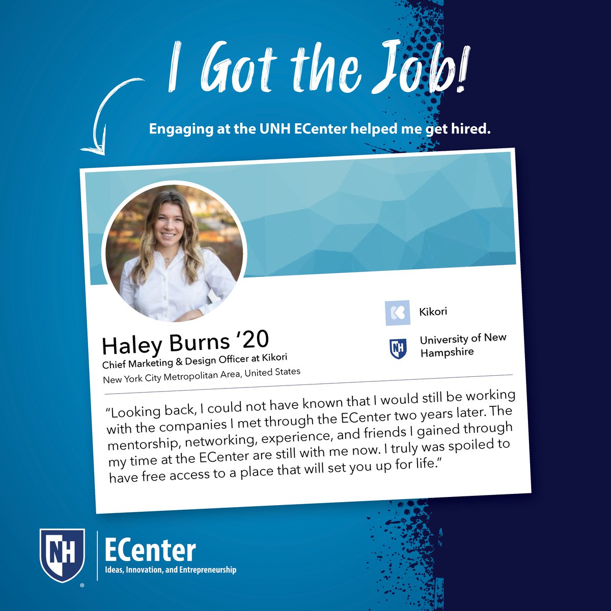 UNHECenter's tweet photo. Haley Burns '20, a @UnhPaul graduate, leveraged her UNH education and her #UNHECenter experience to launch her career. We're proud of you, Haley!
#UNH #ThisIsUNH #ECenterImpact #UNHStudents @unhchhs @UNHCOLA @COLSA_UNH @UNH_CEPS @UNHCaPS @UNHAlumni @KikoriApp https://t.co/Guhb6KLGVv