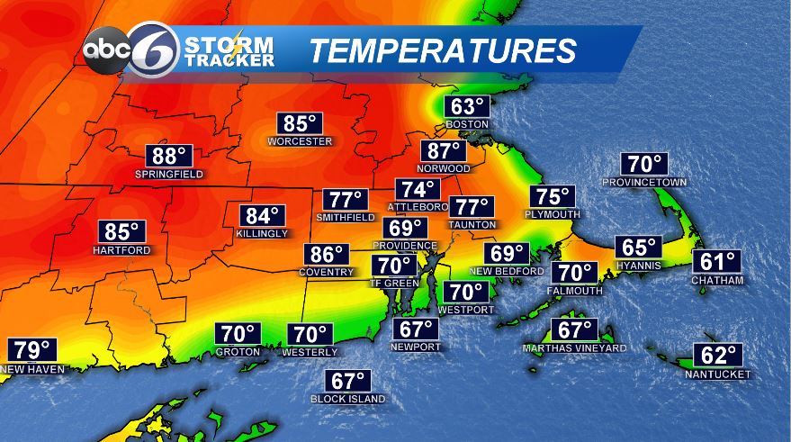 SATURDAY 7PM: Can really feel the ocean winds in Providence now, almost chilly! Cooler air pushing inland, taking a big bite out of the heat! Still significantly warmer north of town away from the water.