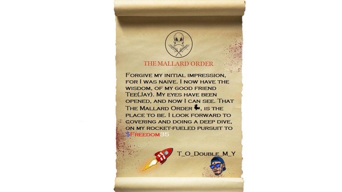 T_O_Double_M_Y's tweet photo. @MallardOrder Oh powerful Order, please consider this Tribute on my pursuit of $Freedom35 🚀@Dobigthingsto @LayZtee_ @Werz85 #MallardOrder #CNFT #Freedom35ers https://t.co/pyF4bwhgeq