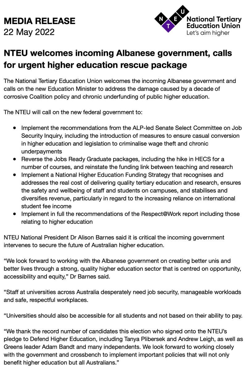NTEUnion's tweet photo. The NTEU looks forward to working with the @AlboMP government to urgently address the proliferation of insecure work at Australian universities, stop wage theft, #SaveHigherEd, and create #BetterUnis and #BetterLives. #auspol #AusVotes22 https://t.co/bhRmSTPi8u