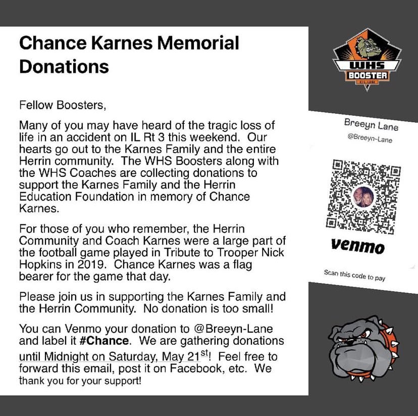 jcaupert's tweet photo. Come on #WaterlooBulldogs, let’s do this. We’re only $385 away from our goal. 20 families at $20 / family puts us at our goal. Do it in memory of #Chance, do it for you! #CK6 #QB6 @WCUSD5Athletics @republictimes @hshuddle618 @wloofansection @TalkWaterloo https://t.co/JogYFAsKA3