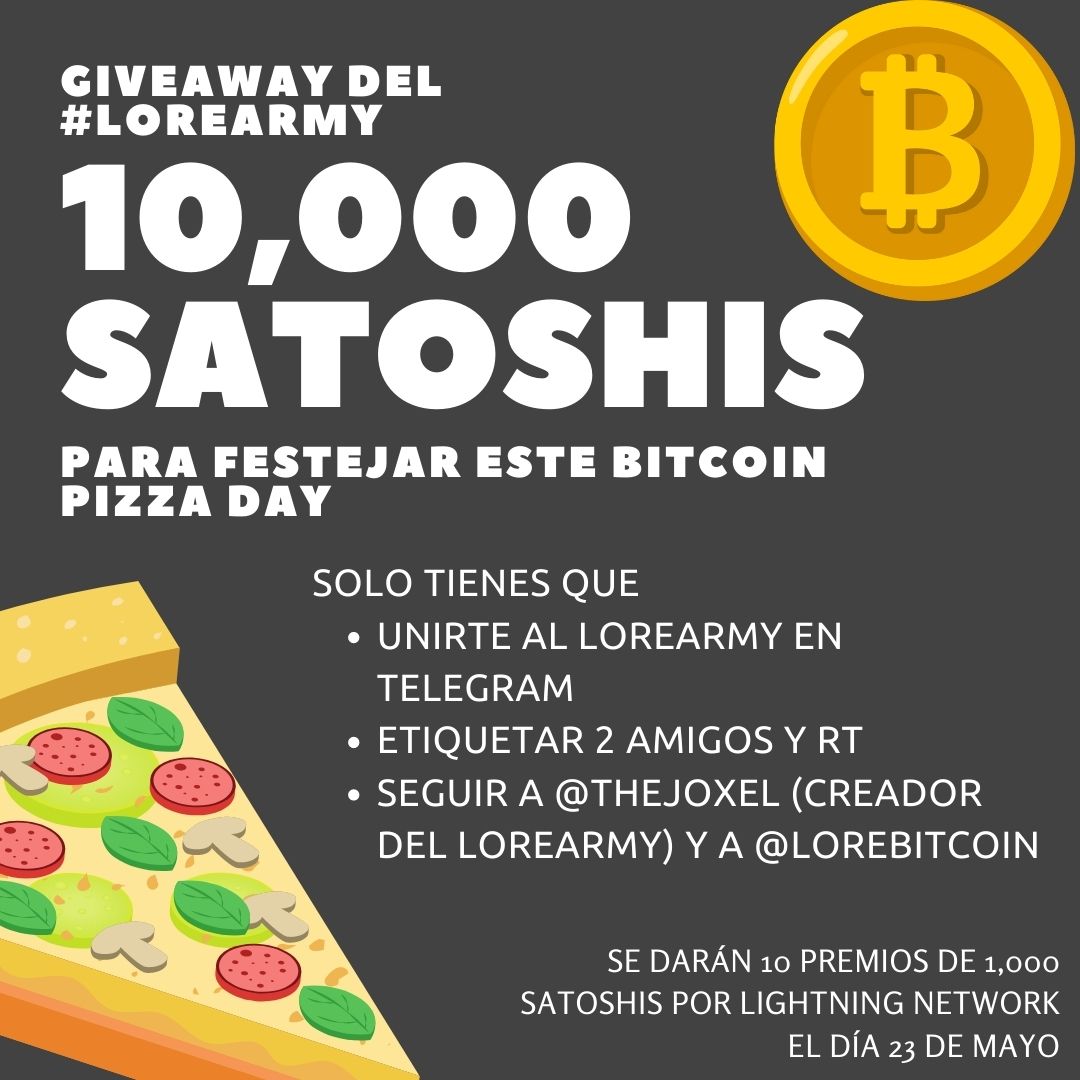 En el #LoreArmy también se festeja el #BitcoinPizzaDay 🍕🥳
Nuestro querido @thejoxel se puso guapo con los 10,000 satoshis para  este #Giveaway de #Bitcoin 👇
-Únete al telegram t.me/+d7q2gDxaT3NiN…
-Etiqueta 2 amigos y da RT
-Sigue a @thejoxel y <a href="/LOReBitcoin/">Lorena Ortiz</a>