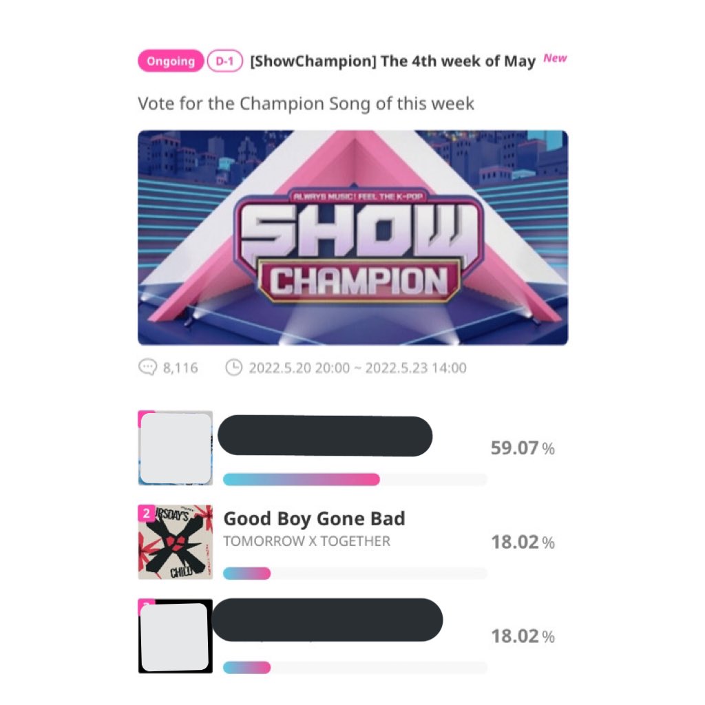 workxtogether's tweet image. 🗳| MOA necesitamos que votes en la votación de idolchamp para Show Champion‼️

🚨La distancia con el primer puesto es muy grande y con el tercero muy poco🚨

Si te hacen falta 💙 puedes contestar los quizz, las respuestas están en @/onlyquizanswers 

🔗 promo-web.idolchamp.com/app_proxy.html…