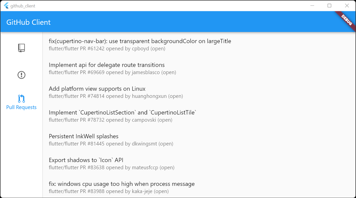 FlutterDev's tweet image. ⌨️ Try your hand at writing a Flutter desktop application. 

In this #GoogleIO codelab, you&apos;ll build a Flutter desktop app that accesses GitHub APIs to retrieve your repositories, assigned issues, and pull requests. 

Here 👉 goo.gle/39BxLoO